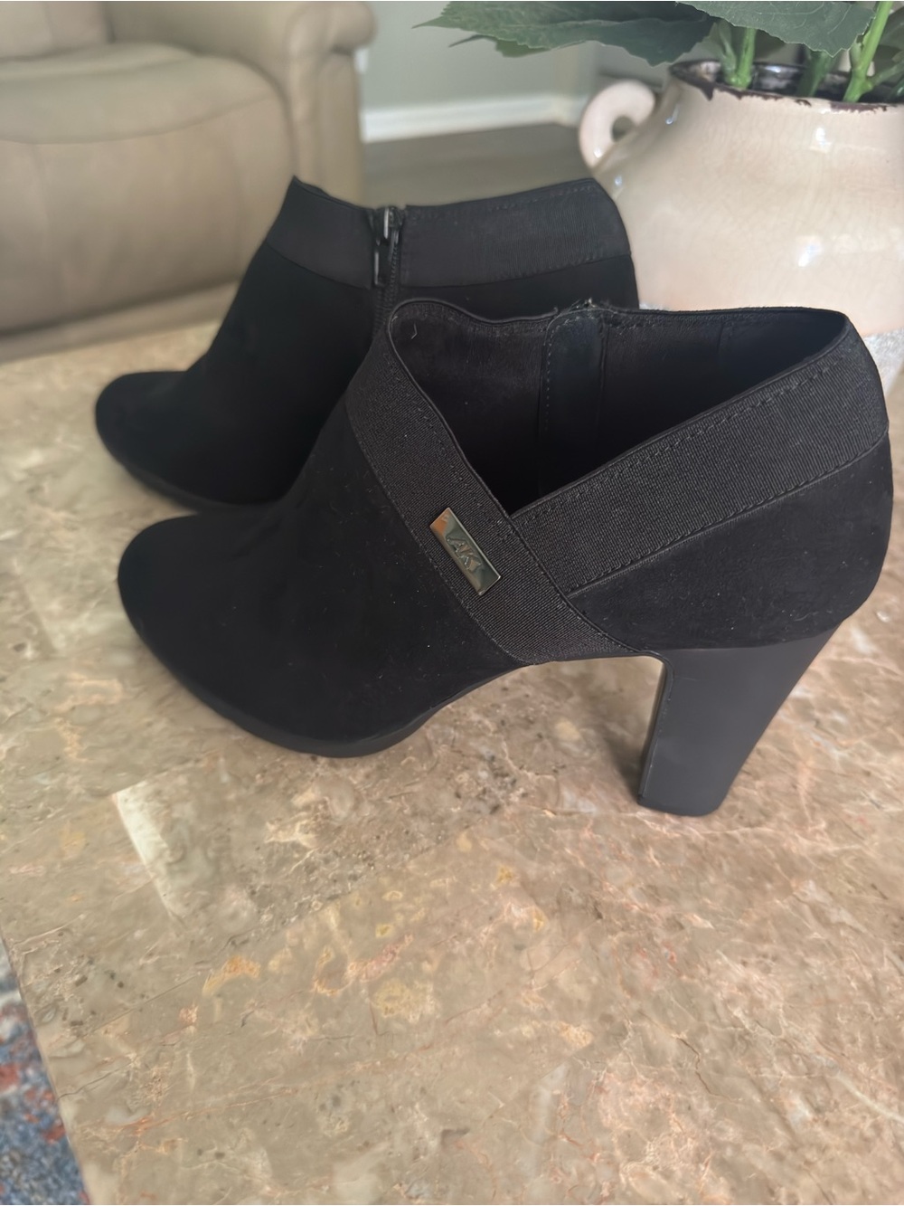 Anne Klein Black Suede Ankle Booties with Block Heel